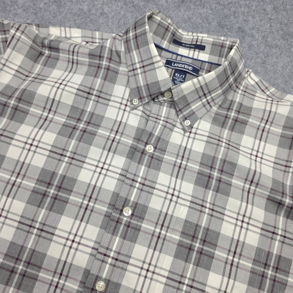 Tall Grey Plaid No Iron Twill Button Down Shirt Traditional Fit